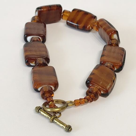 Art Glass Root Beer Tiger Stripe Chunky Cube Rectangle Beaded Anklet Toggle - Picture 3 of 13